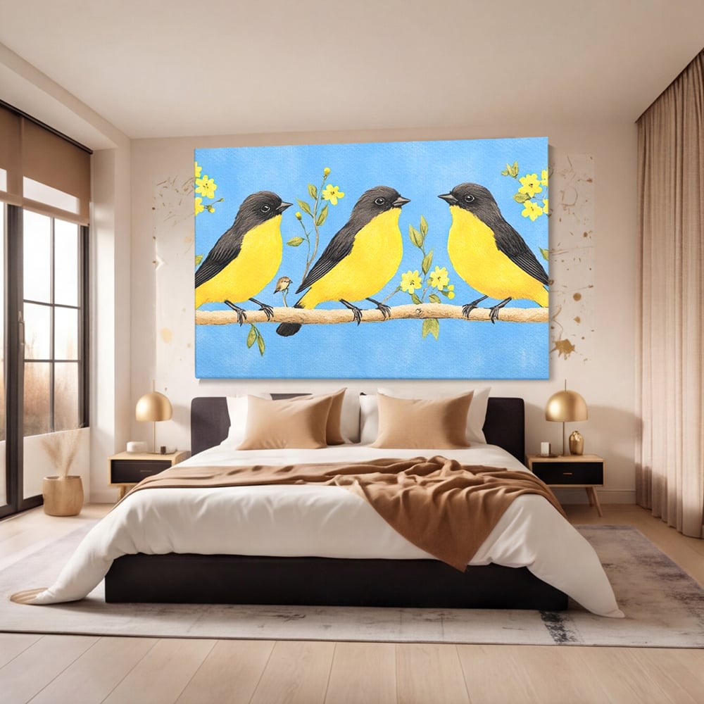 Tablou canvas cu tablou canvas cu trei pasari pe ramura, fara rama, pe sasiu de lemn, pe perete intr-un dormitor